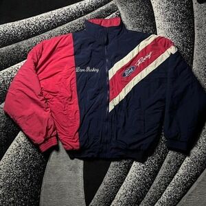 Vintage 90s Ford Racing Embroidered Red and White Stripe Navy Puffer Jacket